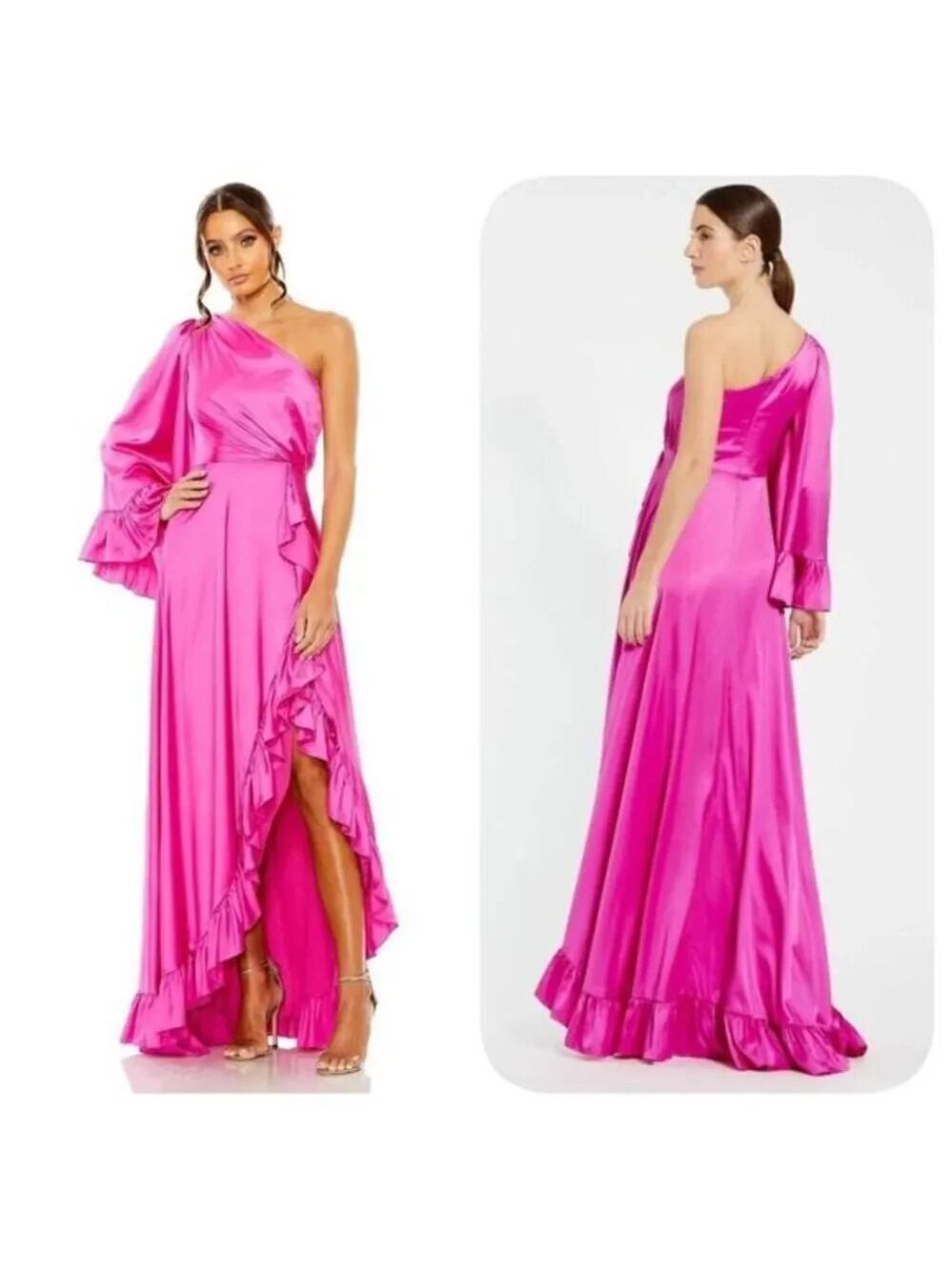 Mac Duggal One Sleeve Ruffle Slit Dress Sz 14 Pink NWT